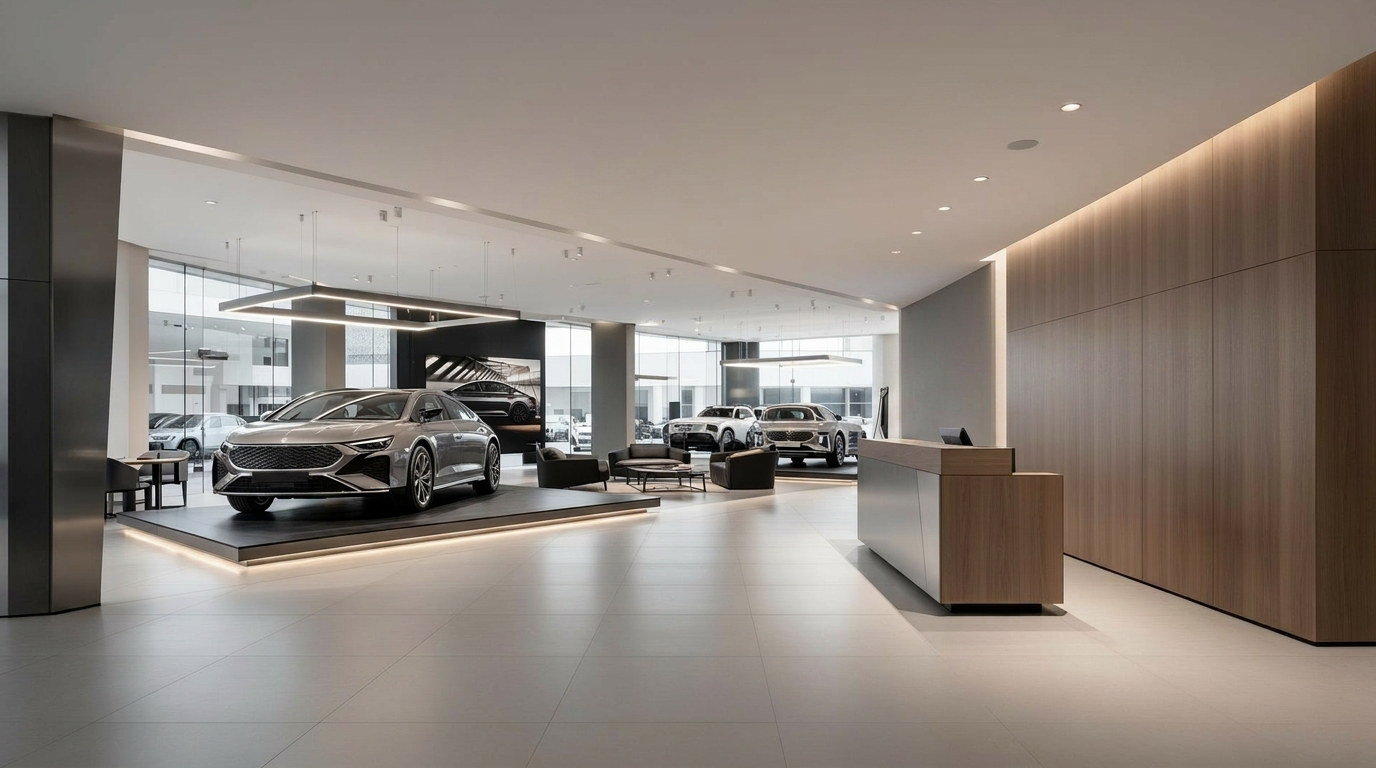 Modern automotive showroom with sober commercial furniture, vehicle display platform, reception desk and premium materials.
