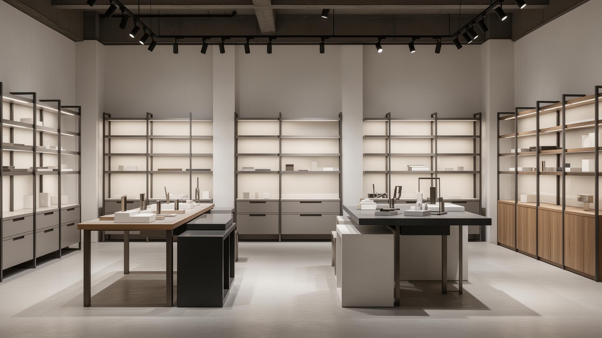 Premium retail space in Mexico with structured commercial furniture, clean shelving and display tables.