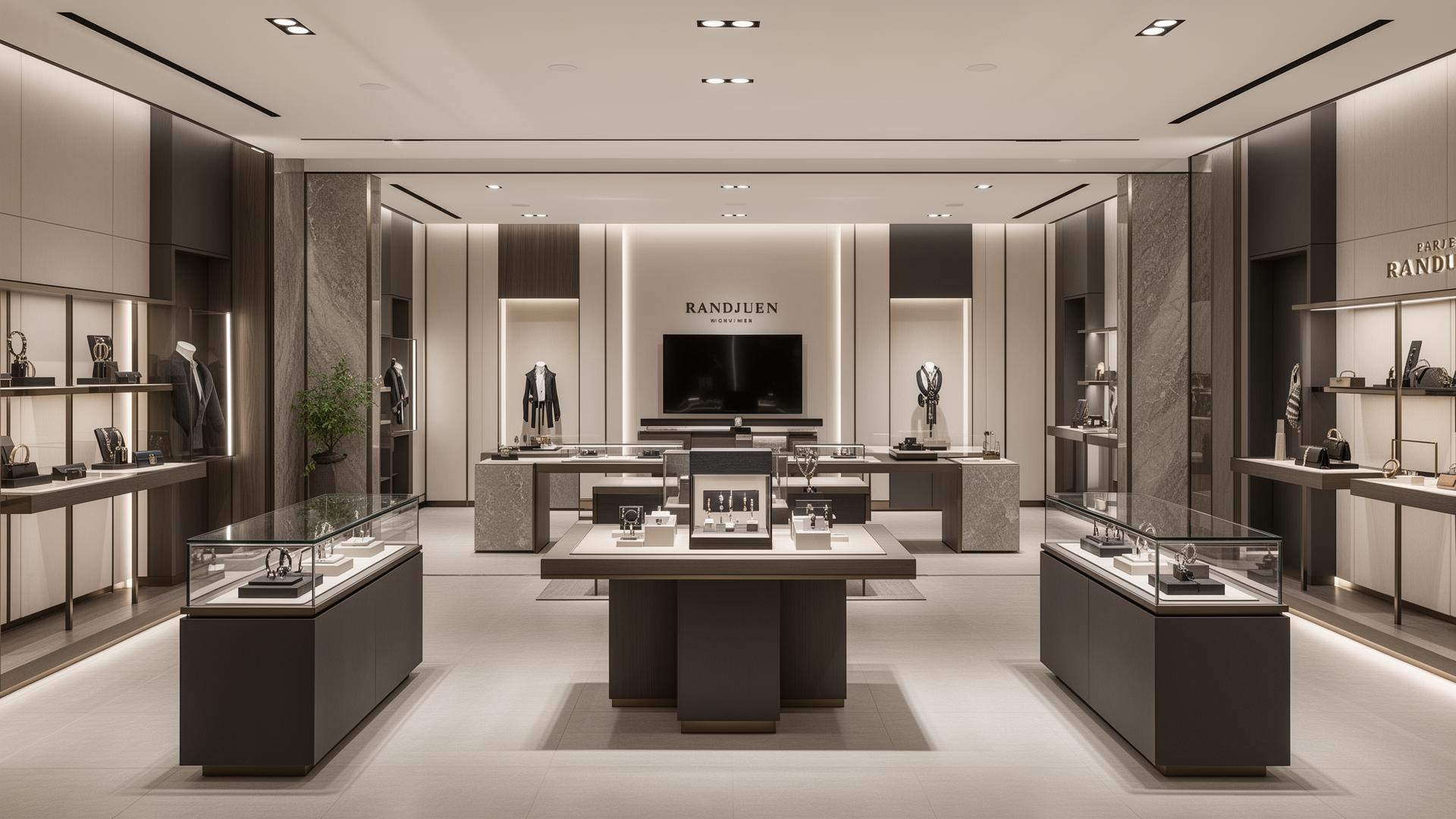 Interior of a luxury showroom with custom commercial furniture, refined materials and controlled architectural lighting.