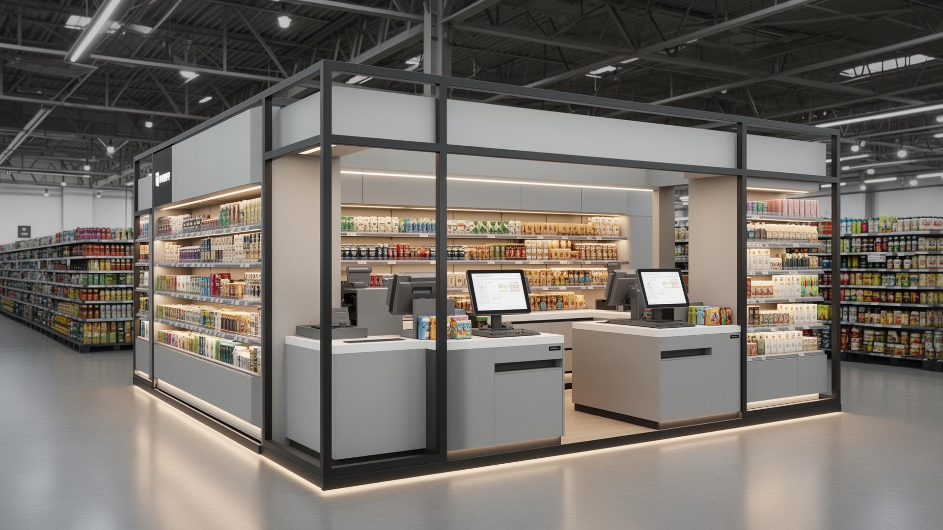 Modern P.O.P. display in a consumer goods retail store, with structured commercial furniture and LED lighting.