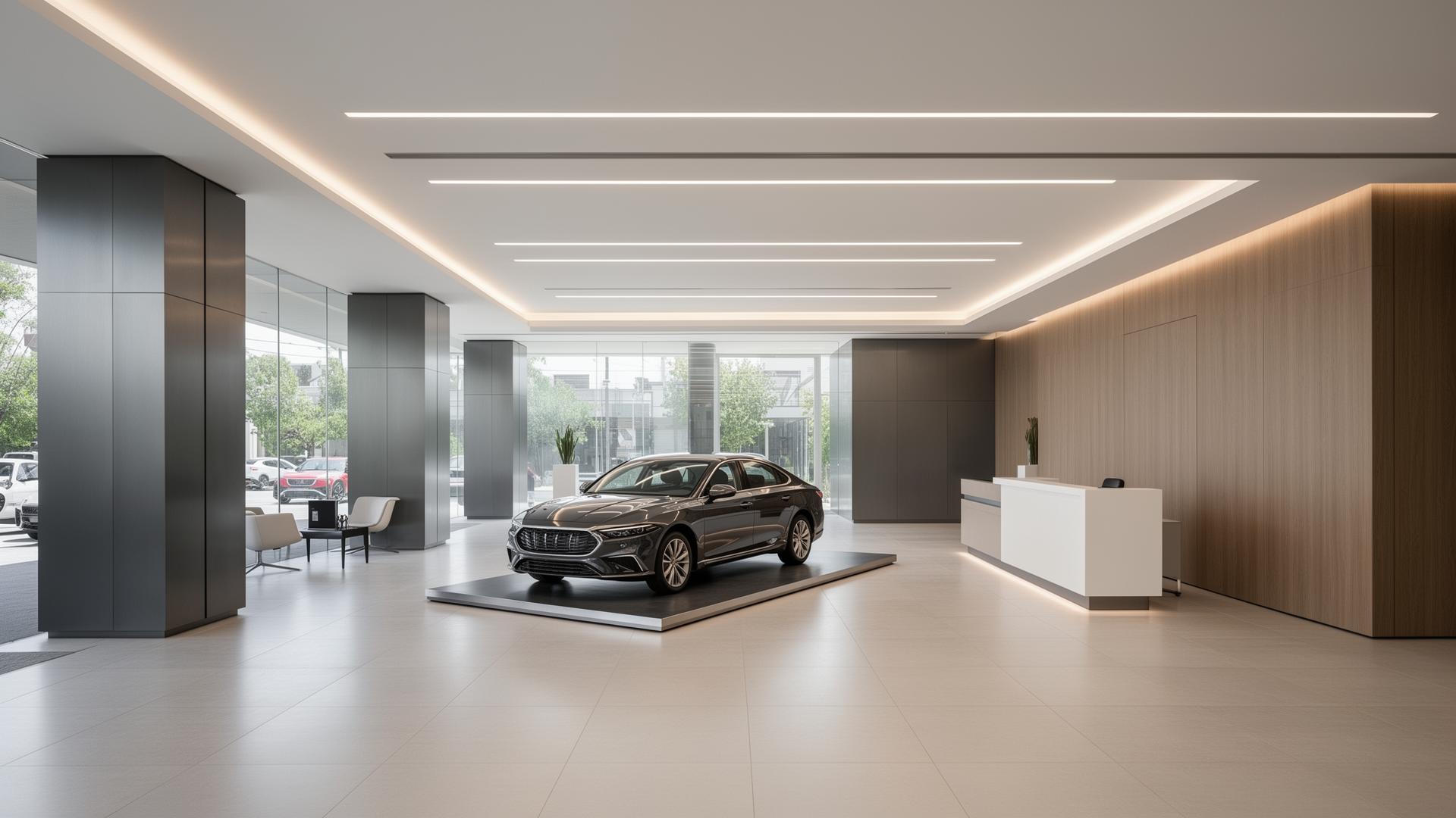 Modern automotive showroom in Mexico with sober commercial furniture, vehicle display platform and premium reception desk.